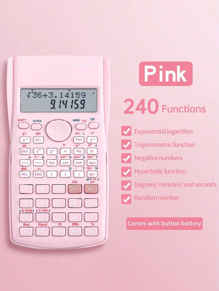 1入粉色學生科學計算器,多功能考試和學習工具,用於計算功能和分數,配有12位顯示;多功能金融計算器