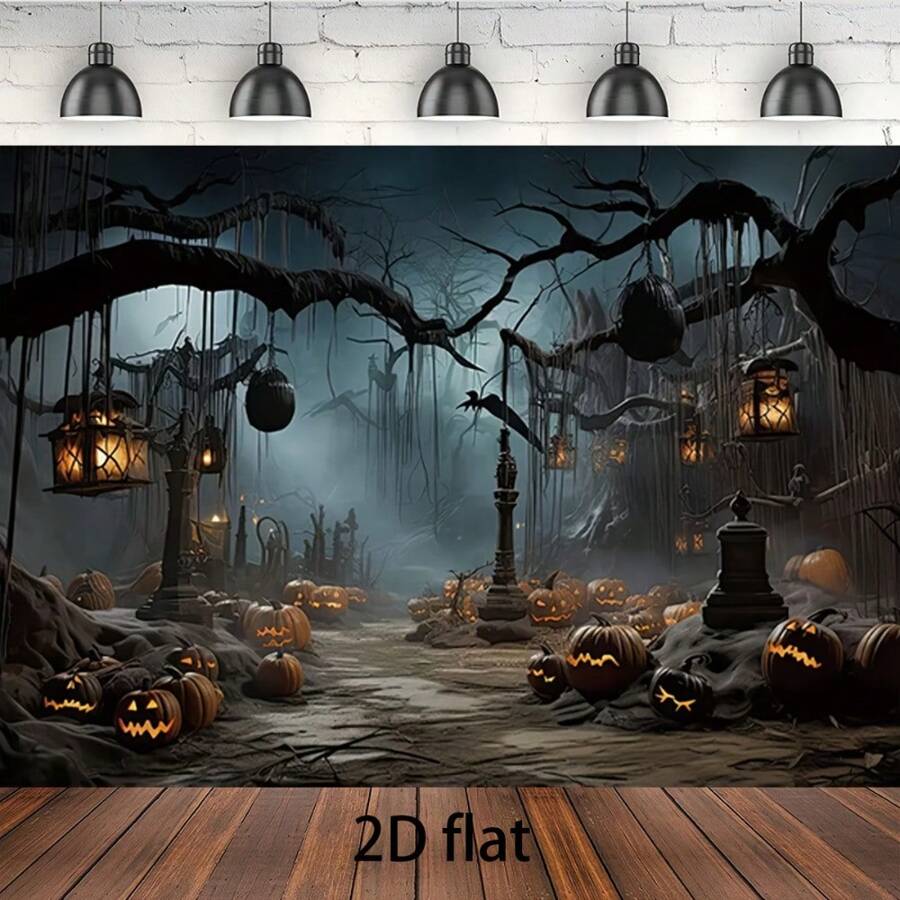 1pc 2D Flat Banner Halloween Photography Background Cloth - Terrifying Pumpkin Ghost Forest Scene, Suitable For Birthday Parties/Adult And Children's Activities (No Power Required), Scary Night Design, Bright Printing Quality, Festive Atmosphere, Photography Background, Portrait Studio
