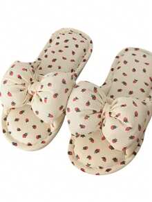 XIXITIAO 1 Pair Cute Strawberry Bow Slip-On Slippers, Quiet Linen Indoor Slippers For Women, Soft Sole Breathable House Shoes For All Seasons - White Strawberry Bow - View 10