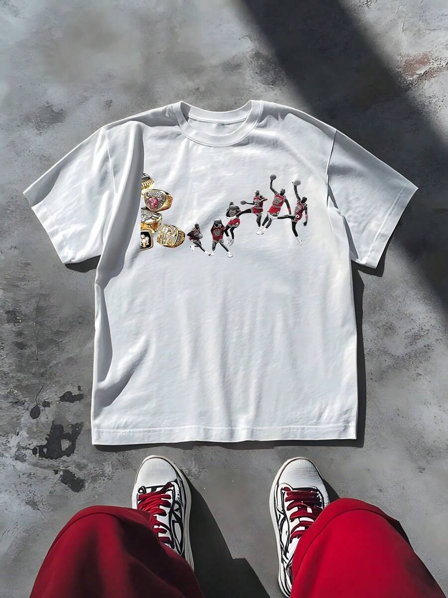 Michael Graphic Print T Shirt, Chic Women's 220g Casual Basketball Tee, Vintage Style, 100% Cotton, 1pcs - White - View 1
