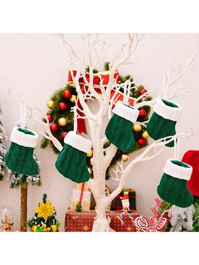 1PC/6PCS Christmas Knitted Socks, Red And Green Christmas Tree Decorative Ornaments, Candy Gift Bags, Table Knife And Fork Decorative Covers, Christmas Tree Ornaments, Decorative Items, Suitable For Christmas Tree, Restaurant, Kitchen, Living Room, And Tray Decorations For A Christmas Atmosphere Home Decor Christmas Decorations Room Decor