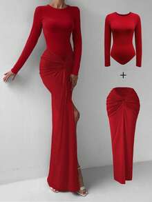 Women 2Pcs Elegant Red Fitted High Stretch Long Sleeve Bodysuit With Ruffle Elastic Waist Long Skirt, Fall Women Clothes, Halloween Clothes, Suit For Christmas