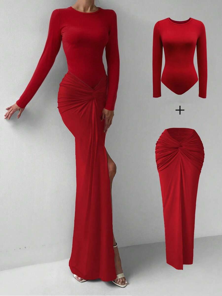 Women 2Pcs Elegant Red Fitted High Stretch Long Sleeve Bodysuit With Ruffle Elastic Waist Long Skirt, Fall Women Clothes, Halloween Clothes, Suit For Christmas