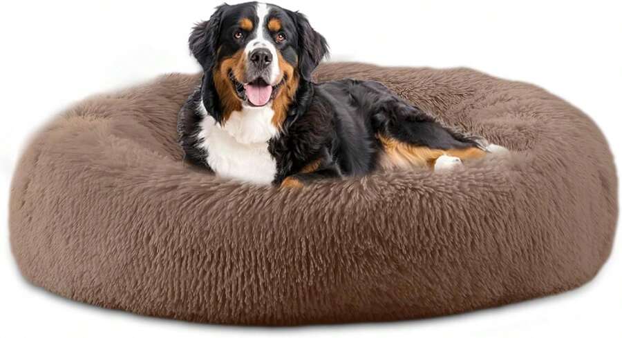 46'' Inch Calming Dog Bed, Plush Anti-Anxiety Donut Dog Bed For Large Dogs, Warming Cozy Soft Cute Round Washable, Marshmallow Cuddler Nest Pet Bed, Brown,11275826 - 巧克力棕 - 查看 1