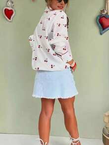 女士樱桃印花长袖纽扣衬衫 春季度假 - 紅白色 - 查看 3