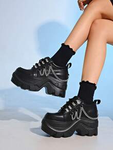 Women's Punk Style Lace-Up Metal Eyelet Platform Casual Sneakers, Versatile Business Shoes - Black - View 8