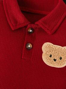 Bộ 2 món/Bộ đồ liền thân tay ngắn họa tiết gấu thêu cổ polo mùa hè cho bé trai & bộ đồ liền thân tay ngắn màu trơn - Màu Đỏ Sâu - Xem 5
