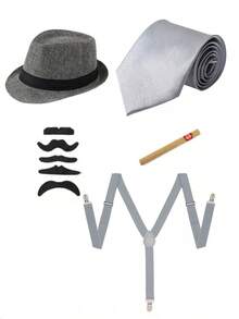 Value 5-Piece Set 1920s Men's Costume Hat, Includes 1920s Men's Hat, Tie, Fake Mustache, Accessories, Suspenders, Ball And Party Costume Halloween Outfit Accessories - Multicolor - View 12