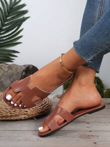 女士几何图案休闲凉鞋，轻盈镂空仿皮平底凉鞋，适合度假、居家、海滩、四季穿着，棕色 - 棕色 - 查看 3