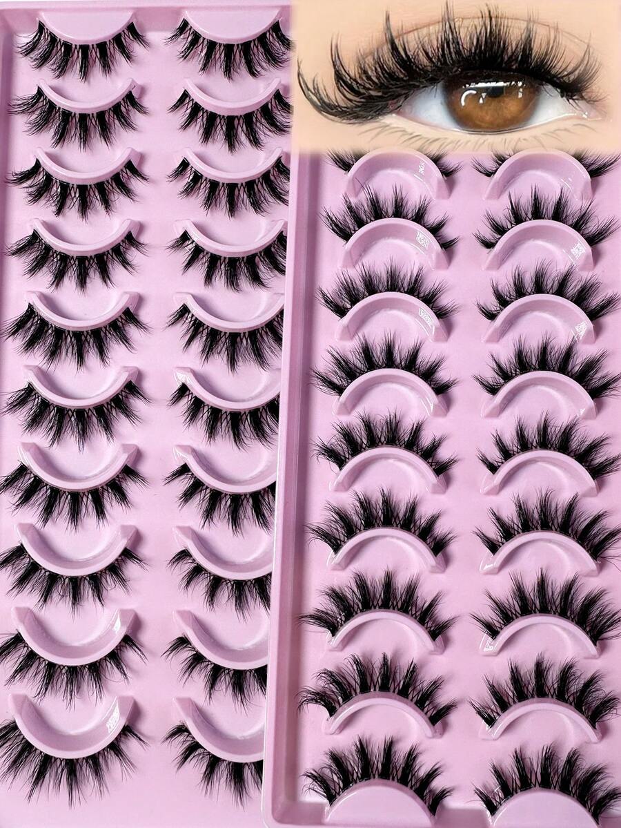 20Pairs Manga Cat Eye Style Natural Look False Eye Lashes With Clear Band Wispy Fluffy And Soft Faux Mink Lashes Makeup Extension - màu đen - Xem 1