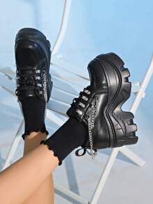 Women's Punk Style Lace-Up Metal Eyelet Platform Casual Sneakers, Versatile Business Shoes - Black - View 5