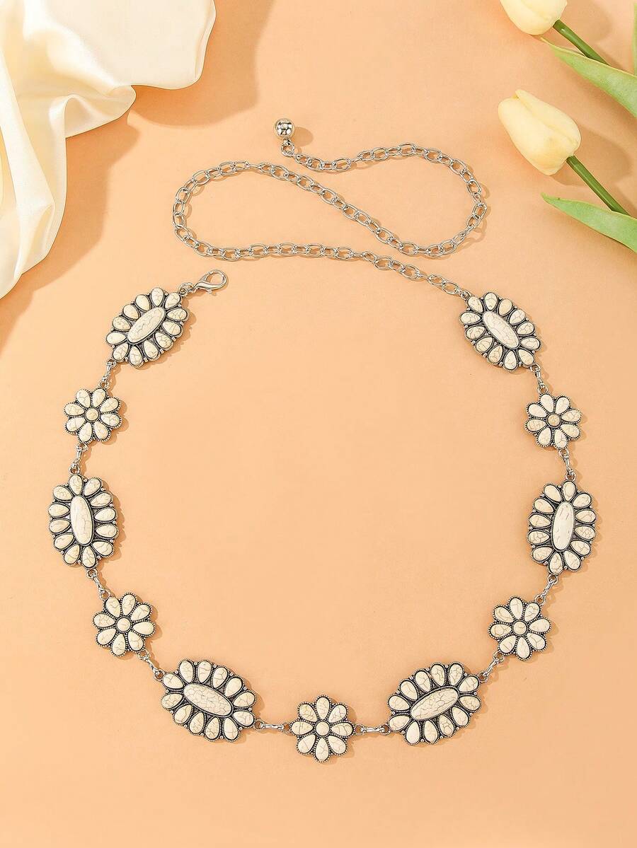 1 chiếc dây thắt lưng trang trí màu ngọc lam hình bầu dục bạc dành cho nữ, thắt lưng kim loại đa năng - Xanh và trắng - Xem 1