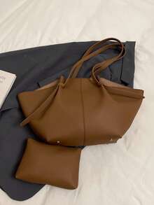 Set de 2 bolsos de hombro de PU de unicolor para mujeres, de gran capacidad y diseño casual con doble asa y cierre a presión, adecuado para viajes, compras, citas, regalo para damas, apto para adolescentes, estudiantes universitarias, principiantes y mujeres de oficina, ideal para oficina, universidad, trabajo, negocios, traslados, exteriores, viajes, excursiones