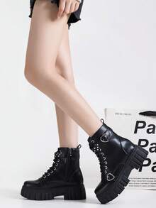 Alan Vincent[Free Returns And Exchanges][Local Delivery][Quick Arrival][Classic Boots Series]New Classic Women's Black Mid-Calf Boots Boots Easy And Comfortable To Wear Women's Platform Boots Suitable For Parties Lace-Up And Zipper Fashionable Style Women's Boots With Love Buttons Rivet Decoration - 黑色 - 查看 7