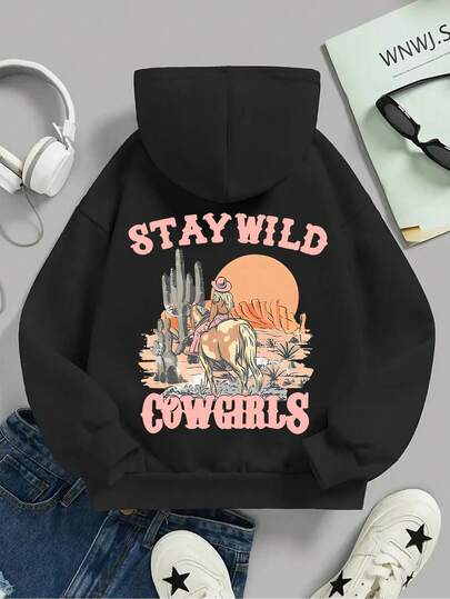 Tween Girl Western Print Hooded Sweatshirt, Casual For Autumn/Winter