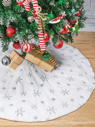 90-120cm Plush Printed Christmas Tree Skirt, Artificial Tree Bottom Decor Craft, Silver Snowflake Design, Suitable For Party, Christmas, Christmas Decoration, Christmas Home Decor Christmas Decorations Home Christmas Gifts Christmas Decor