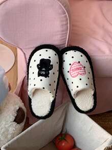 XIXITIAO زوج من الأحذية الداخلية للنساء بتصميم نقاط وقلوب على شكل قطط، سميكة مانعة للانزلاق وفرو دافئ مناسبة للمنزل والحفلات في فصلي الخريف والشتاء