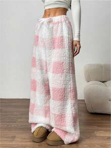 1pc Women's Plaid Fluffy Pants, Loose Casual Sleepwear Trousers, Thermal Lined Thick Fluffy Pants For Home Wear & Outdoor Wear, Spring/Autumn/Winter, Fall, Cozy - Pink - View 5