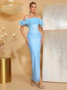 奢华重工仿羽毛性感露肩露背珍珠绷带开叉长裙带眼睛女士婚礼派对正式宴会婚礼宾客毕业舞会礼服 - 藍色 - 查看 4