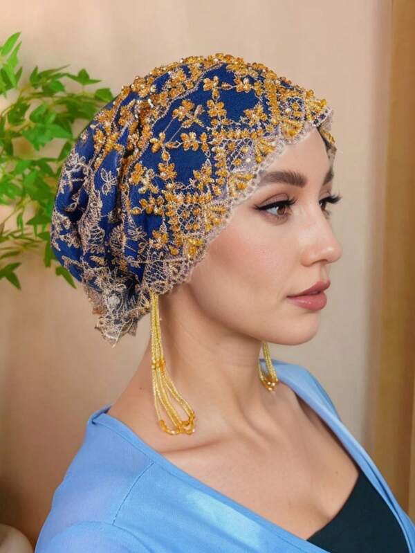 1pc Jacquard Diamond Plaid Shiny Bohemian Party Casual Fabric Headscarf With Back Patchwork, Rhinestone Tassel Hollow Out Jacquard Scarf Shawl For Women, Elegant & Delicate, Breathable, Suitable For Gatherings, Outings, Gifting, All Seasons