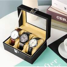 Jewelry Display Tray With Glass Top - PU Leather Watch Box Organizer Case With 3 Slots For Accessories And Keepsakes