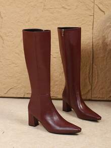 2025 年秋冬新款时尚加大码侧拉链高跟靴，粗跟纯色及膝靴，时尚优雅经典，酒红色靴子 - 酒紅色 - 查看 8