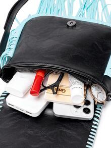 女士手提包，时尚斜挎单肩包，波西米亚复古几何印花单肩包，小众多功能休闲日常旅行通勤街头度假黑色 - 黑色 - 查看 10