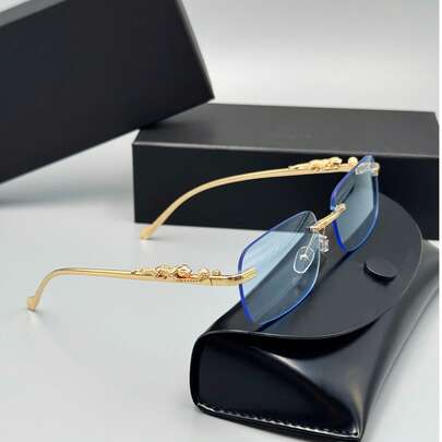 男士金色无框金属豹纹复古透明镜片眼镜，新品上市，纯色复古四季皆宜