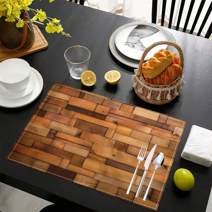 1pc/4pcs/6pcs Wood Grain Pattern Printed Linen Placemats, Suitable For Dining Table, All Season Decor, Modern Washable Table Mats, Room Decor, Coasters, Kitchen Dining Mats, Indoor Outdoor Party Decoration, Home Decor, Ideal Gift