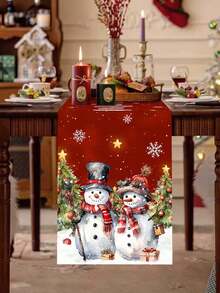 1 pièce Chemin de table bonhomme de neige de Noël, 35*180cm Chemin de table en polyester avec deux bonhommes de neige portant des écharpes rouges, motif sapin de Noël et cadeaux de Noël sur fond rouge. Joyeux Noël. Convient pour les décorations de table de cuisine et de restaurant à Noël, cadeaux et décorations de Noël. - Multicolore - Voir 4