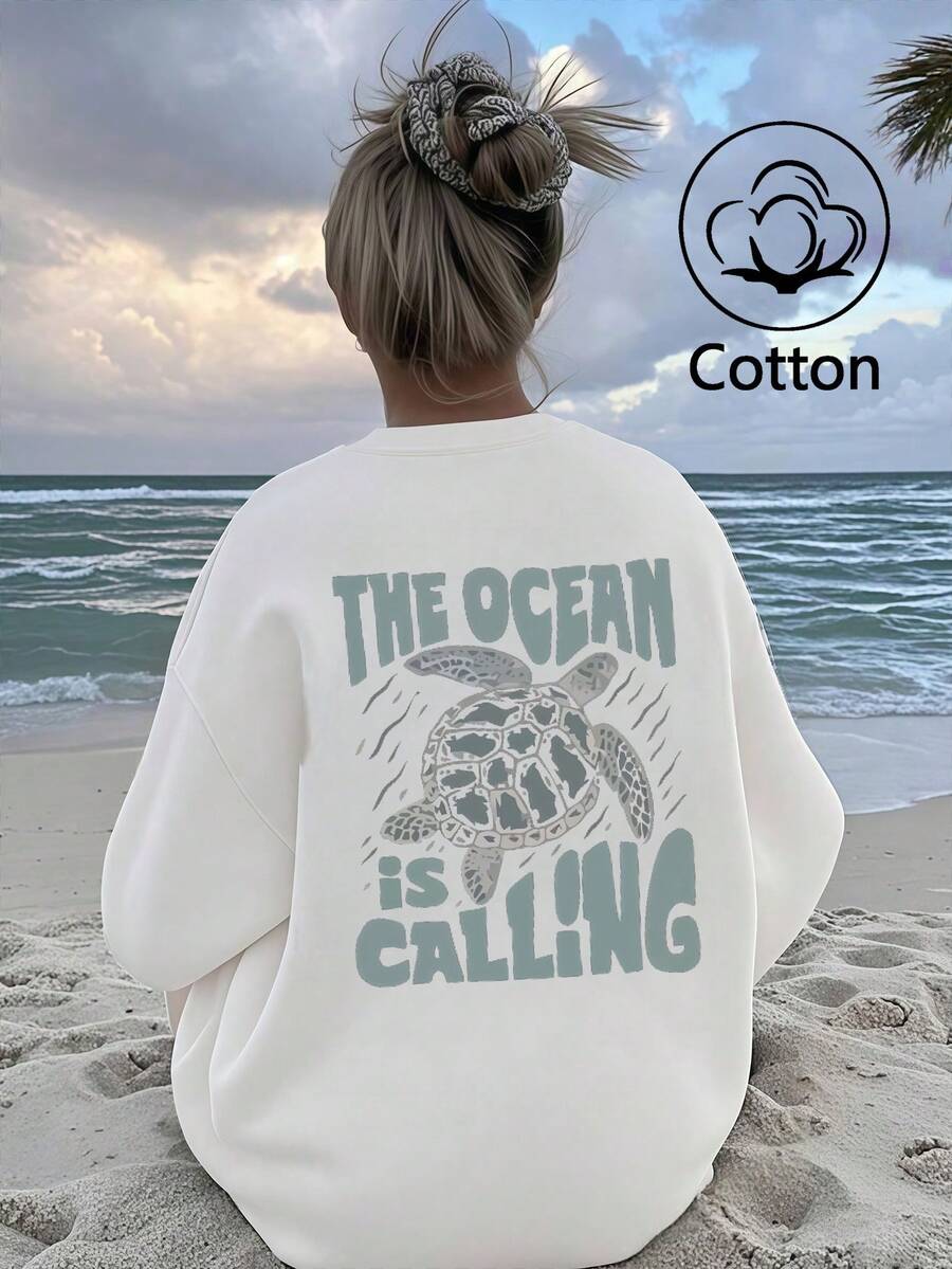 海龟印花保暖抓绒内里宽松圆领棉质卫衣，女士款，休闲/学院风，适合家庭聚会、春假、春夏、情人节、狂欢节、派对、海滩、婚礼、健身房等场合。 - 白色 - 查看 1