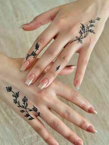 1张可水洗临时纹身贴纸，Y2K风格红色叶子手部纹身贴纸，防水防汗，适合人群 - 黑色 - 查看 4