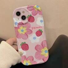 La caja del teléfono de la onda de la crema de La Flor de la fresa del estilo Ins, conveniente para el 16 Pro simple 15, un gran regalo para los amigos, la familia, los novios, las novias - Negro - Ver 4