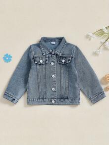 Toddler Little Girl Denim Jacket Back Letter Print Collared Long Sleeve Button-Up Jean Fall Tops - Blue - View 1