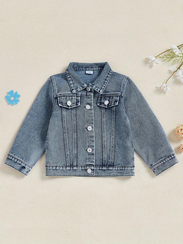 Toddler Little Girl Denim Jacket Back Letter Print Collared Long Sleeve Button-Up Jean Fall Tops