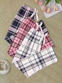 3条/包休闲格子印花蝴蝶结装饰睡裤，秋冬服装 - 彩色 - 查看 2