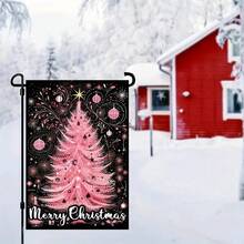 1pc Merry Christmas Pink Garden Flag - Double-Sided, Durable Fabric Outdoor Decor With Festive Tree Design For Porch And Yard