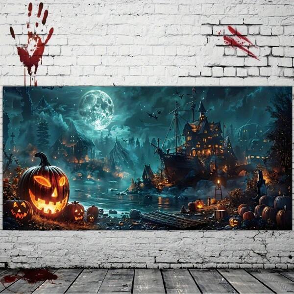 2D Halloween Garage Banner - Haunted Night Scary Pumpkin & Pirate Ship, levendige polyester buitendecoratie