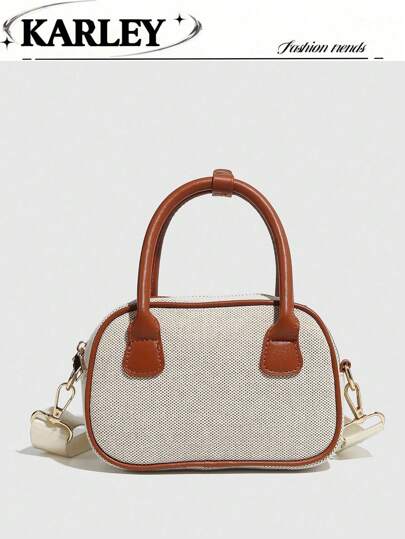 1pc Women's Fashionable Retro Pillow Bag, Bowling Bag Handbag Tote, Versatile Shoulder Crossbody Bag, Color Block Small Purse, Casual Shopping Bag