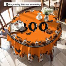 1pc Halloween Pumpkin, Ghost, Bat Pattern Tablecloth, Seasonal Kitchen/Dining Table Decor, Round Or Rectangular Sizes Available, Polyester Material, Indoor/Outdoor Party Decoration, Halloween Holiday Decor, Home Kitchen Decor