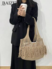 ENBEI 女士夏季沙滩包、钩针编织包、大容量手提包、时尚手提包、女士手提包、斜挎包、假日旅行包、旅行必备品、午餐包、女士旅行必备品、购物节必备品、情人节礼物、伴娘礼物 - 卡其色 - 查看 5