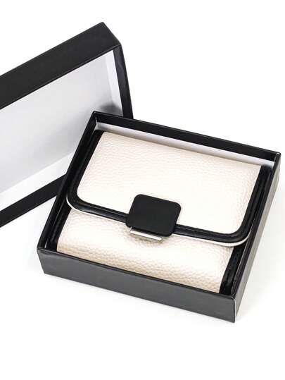 女士短款三折撞色薄边钱包 1 件 PU 柔软多功能学生钱包大容量卡夹小巧轻便礼盒包装适合作为女士节日礼物钱包迷你钱包钱包可爱钱包小钱包