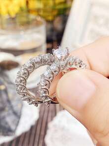 2 件套华丽方晶锆石戒指，适合女士，情人节礼物，结婚周年派对珠宝 - 銀色 - 查看 3