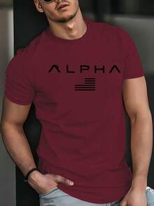 100% Polyester Personalized Design Green Short Sleeve T-Shirt With "ALPHA" Text And Minimalist Logo Print, Breathable Lightweight Smooth Fabric, Suitable For Summer Wear - Multicolor - View 2