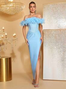 奢华重工仿羽毛性感露肩露背珍珠绷带开叉长裙带眼睛女士婚礼派对正式宴会婚礼宾客毕业舞会礼服 - 藍色 - 查看 1