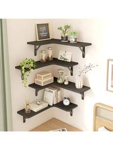 Corner Floating Shelves, Wall Mounted Corner Shelf Set Of 5, Rustic Wood Wall Shelves For Bathroom, Kitchen, Bedroom Or Living Room (Carbonized Black),Corner Floating Shelves, Rustic Wood Wall Shelves For Bathroom, Kitchen, Bedroom Or Living Room (Dark Carbonized Black) Bathroom Accessories - Black - View 11