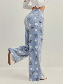 女士加厚法兰绒星心图案抽绳直筒裤，适合外穿和居家穿着，秋冬季，蓬松舒适