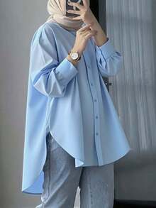 女式素雅长袖格子衬衫领前纽扣常规梭织面料上衣 - 淺藍色 - 查看 1