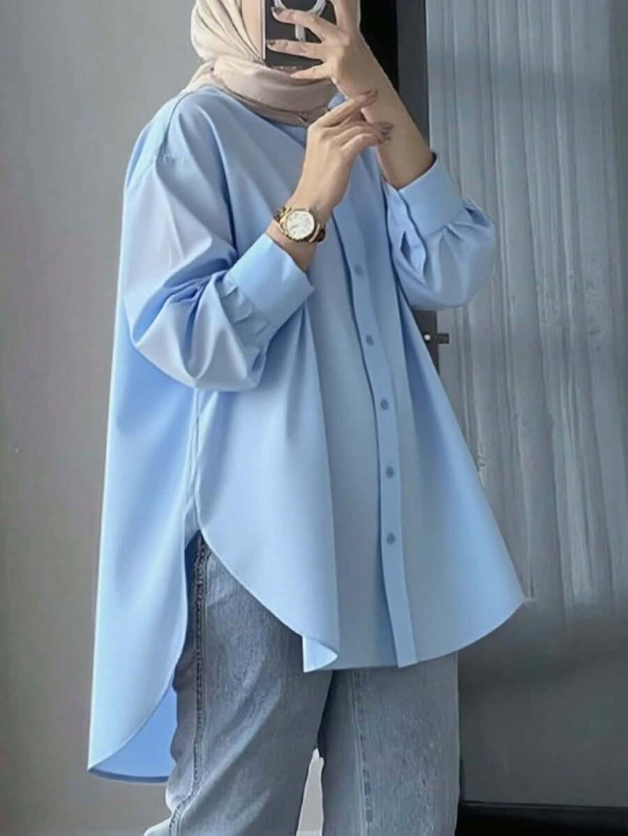 女式素雅长袖格子衬衫领前纽扣常规梭织面料上衣 - 淺藍色 - 查看 1