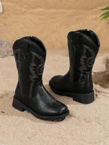 1 双儿童刺绣纯黑色西部牛仔靴，适合所有季节 - 黑色 - 查看 5